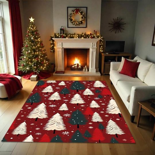 Red Merry Christmas Tree Rug, Holiday Winter Carpet, Festive Washable Living Room Decor, Seasonal Xmas Floor Mat, Cozy Holiday Home Decor