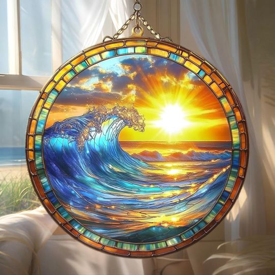 Discover Ocean Wave Sunset Acrylic Suncatcher - Faux Stained Glass Window Hanging, Beach Decor Gift, Coastal Sunroom Ornament, Sea Lover Art