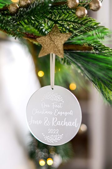 Discover Personalised First Christmas Engaged Tree Ornament with Satin Ribbon | Engraved Frosted Acrylic