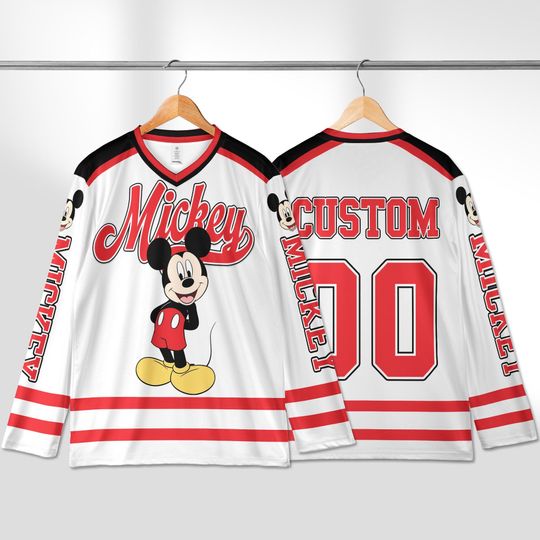 Discover Personalized Mickey Hockey Jersey, Custom Disney Shirt, Mickey Mouse Sports Outfit, Matching Family Tee, Disney Fan Gift