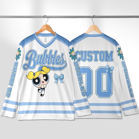 Personalized Bubbles Hockey Jersey, Custom Powerpuff Girls Shirt, Cartoon Sports Outfit, Matching Family Tee, Fan Gift