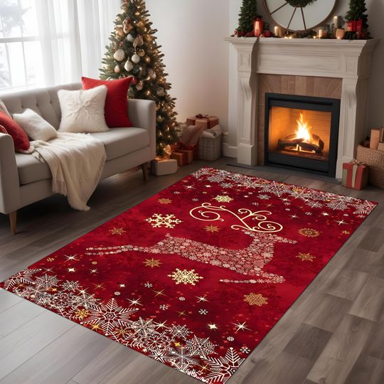 Discover Deer Rug, Snowflake Christmas Rug, Red Deer Rug Festive Christmas Rug, Christmas Eve Rug, Merry Christmas Rug, Holiday Cheer Rug, cute deer