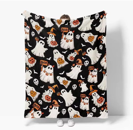 Discover Halloween Ghost Blanket  Spooky Boo Throw with Pumpkins & Ghosts, Soft Cozy Flannel, Multiple Sizes