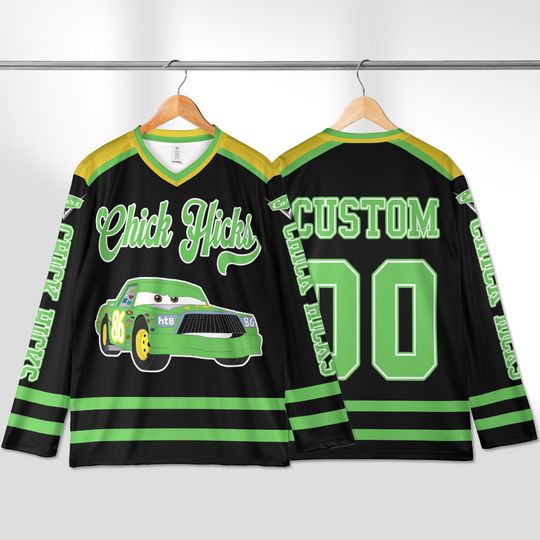 Discover Personalized Chick Hicks Hockey Jersey, Custom Cars Movie Shirt, Disney Pixar Hockey Outfit, Green Racing Car Hockey Gift