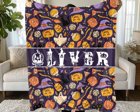 Discover Personalized Halloween Letter Blanket: Ghost, Pumpkin, Black Cat - Minky, Sherpa Home Decor