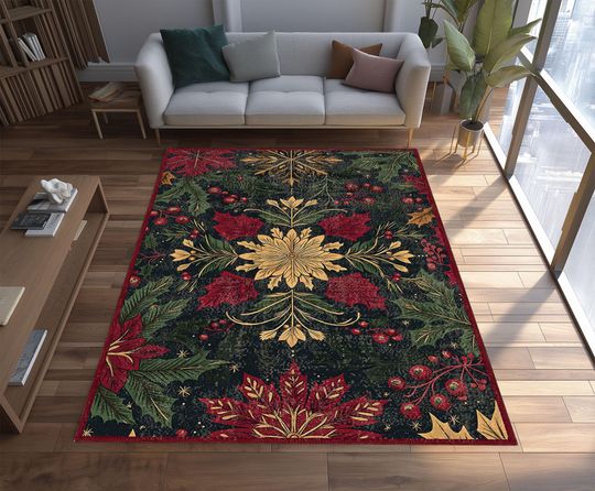 Poinsettia Christmas Rug: Red Gold Floral Washable Carpet