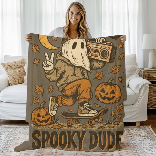 Discover Halloween Ghost Skateboard Blanket, Spooky Dude Fall Throw, Retro Boombox Pumpkin Blanket, Trick Or Treat Gift For Teens, Skater Decor, fall