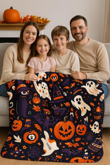 Discover Halloween Fleece Sherpa Blanket, Cozy Fall Decor, Spooky Season Gift, Witchy Throw, Pumpkin Blanket, Ghostly Home Accessory