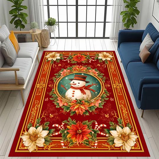 Christmas Snowman Rug: Red Gold Poinsettia Holiday Carpet, Festive Xmas Winter Home Living  Decor