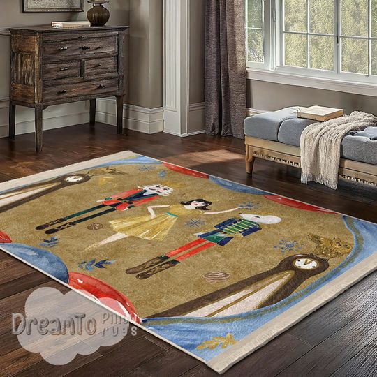 Festive Nutcracker Ballet Christmas Area Rug-Gold Princess Ballerina Dance Accent-Blue Snowflake Winter Decor Mat-Red Holiday Runner