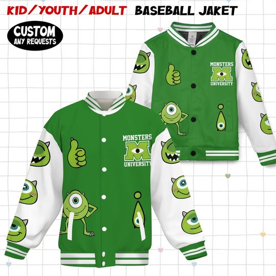 Discover Mike Wazowski Monsters University Kids and Youth Baseball Jacket, Aldult Unisex Varsity Baseball Jacket