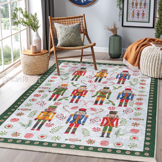 Festive Nutcracker Christmas Holiday Area Rug-Traditional Red Green Military Holiday Candy Cane Throw Mat-Winter Soldier Collectable Mat