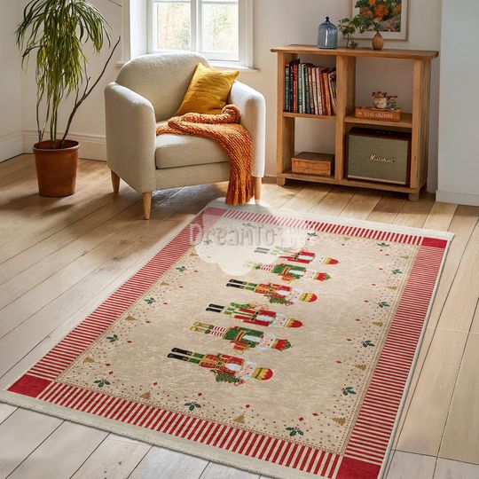 Discover Christmas Nutcracker Soldier Holiday Area Rug-Festive Red Green Striped Border-Traditional Beige Back Runner-Winter Holly Decorated Mat