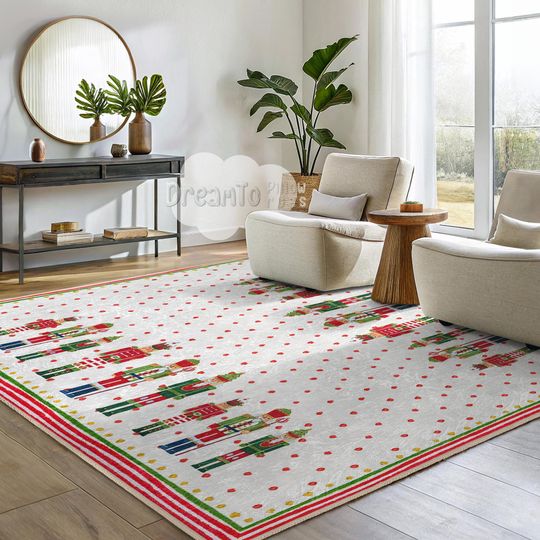 Festive Nutcracker Christmas Holiday Area Rug-Traditional Red Green Seasonal Decor-Colorful Winter Wonderland Runner-Charming Santa Rug