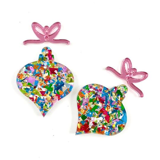 Discover Teal & Pink Chunky Glitter Traditional Christmas Ornament w/ Pink Bow Connector Earring Blanks - DIY Acrylic Earring Blanks for Makers