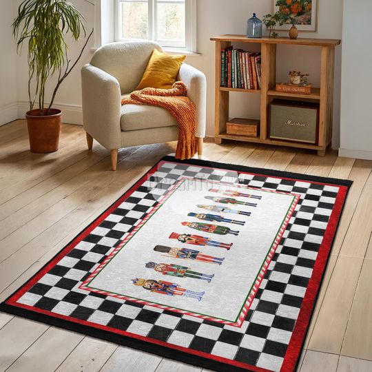 Festive Nutcracker Collection Red Area Rug-Holiday Christmas Soldier Figures Mat-Green Blue Toy Guardsman Carpet-Checkered Border Runner