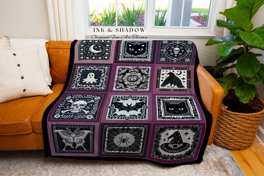Gothic Witchy Purple Halloween Fleece Blanket Cozy Decor Witch Cottagecore Spooky Season Gift Pumpkin Bat Ghost Tapestry