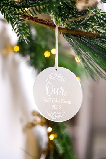 Discover Our First Christmas Together Tree Ornament with Satin Ribbon | Engraved Frosted Acrylic