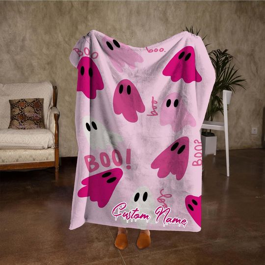 Discover Custom Name Colorful Ghost Blanket, Funny Halloween Blanket, Personalized Pink Blanket, Fall Home Decor, Halloween Party Gifts.