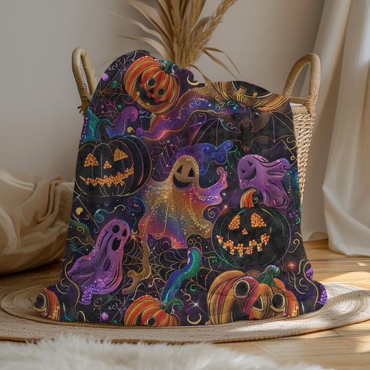 Discover Velveteen Microfiber Blanket, Cute Spooky Halloween Pumpkin Ghost Cozy Soft Throw, Halloween Decor, Fall Blanket, Halloween Gift, Halloween