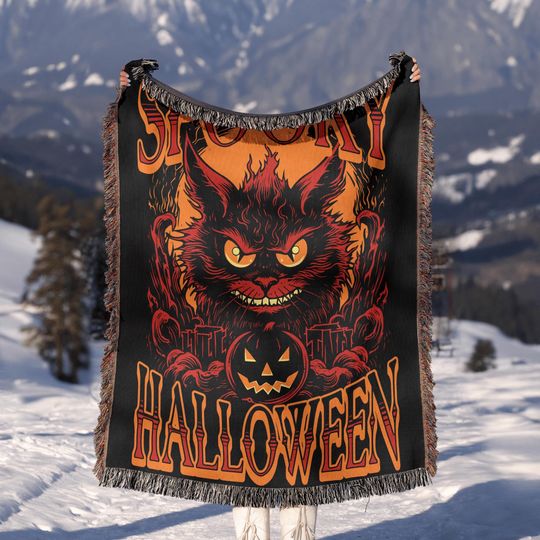 Discover Spooky Halloween Woven Blanket 100% Cotton, Halloween Cat Design