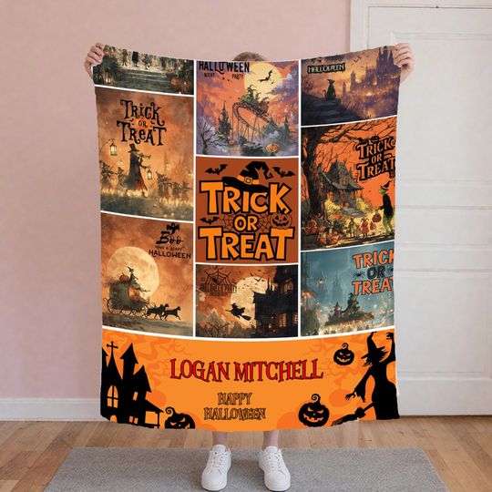 Discover Personalized Halloween Magic Blanket - Trick or Treat Witch Throw, Spooky Pumpkin Ghost Custom Name Blanket, Halloween Gift