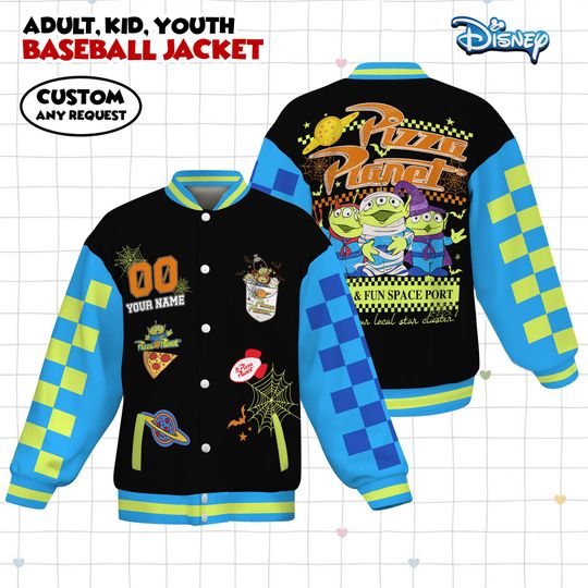 Discover Custom Pizza Planet Alien Little Green Kids and Youth Baseball Jacket, Aldult Unisex Varsity Baseball Jacket