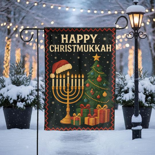Happy Christmukkah Garden Flag with Menorah and Christmas Tree, Hanukkah Christmas Outdoor Yard Decoration Holiday Banner, Season Decor