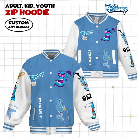 Discover Disney Genie Classic Kids and Youth Baseball Jacket, Aldult Unisex Varsity Baseball Jacket