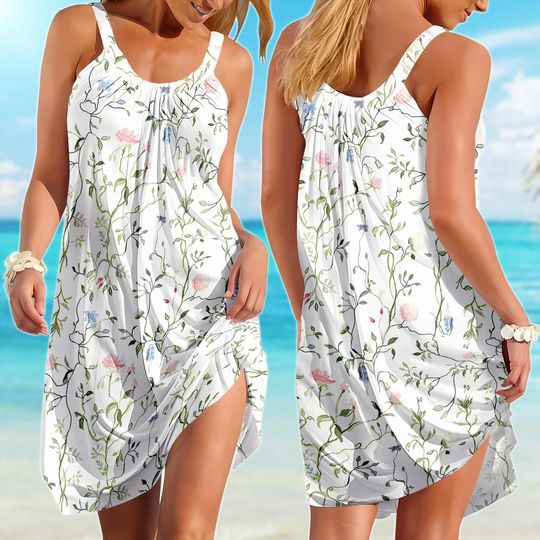 Vintage Wildflower Women Dress, Floral Sling Dress, Cottagecore Dress For Her, Botanical Dress, Nature Lover Gift