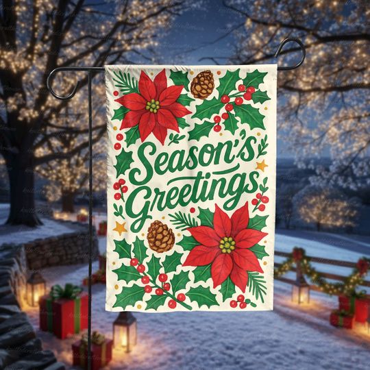 Seasons Greetings Garden Flag, Christmas Yard Decoration with Poinsettia and Holly, Holiday Outdoor Decor, Winter Welcome Banner, Xmas Gift