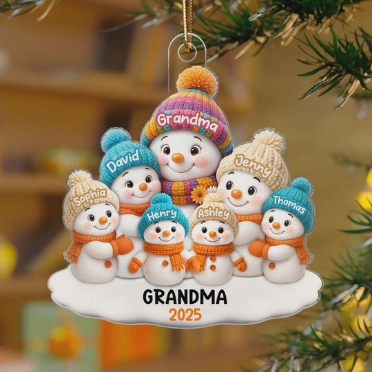 Personalized Snowman Grandma and Grandkids Ornament, Custom Acrylic Christmas Keepsake, Holiday Gift for Grandma and Grandchildren