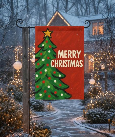 Discover Christmas tree garden flag, Merry Christmas outdoor flag, festive holiday yard decor, seasonal winter yard sign decoration