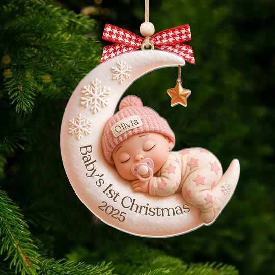 Discover Babys First Christmas Ornament  Custom 3D Moon Acrylic Keepsake, Personalized Newborn Gift, Unique Holiday Decoration, Baby Gift Idea