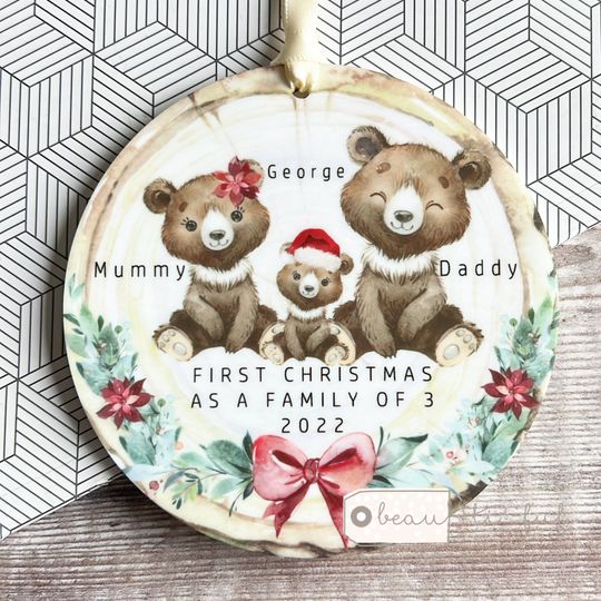 Personalised 1st First Christmas as a family of 3 4 5 Bear Mummy Daddy Mammy MommyBaby Greenery Design Acrylic Or ceramic Ornament Keepsake