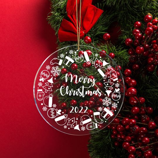 Personalized Christmas Ornament Name Tags: Custom Clear Acrylic Christmas Tree Decoration, Round Favor Label,  Memorial Christmas Hanger