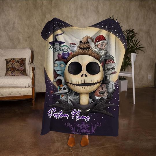 Discover Custom Name Skull Element Blanket, Retro Halloween Throw Blanket, Personalized Black Blanket, Halloween Party Decor, Gifts for Kids.