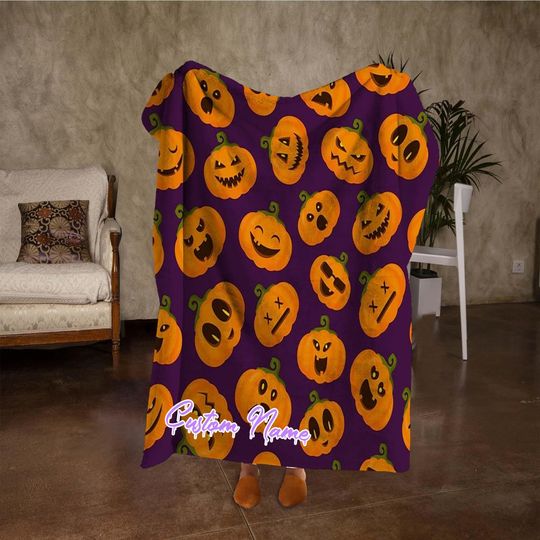 Discover Custom Name Emoji Pumpkin Blanket, Retro Halloween Throw Blanket, Personalized Dark Purple Blanket, Halloween Party Decor, Gifts for Kids.