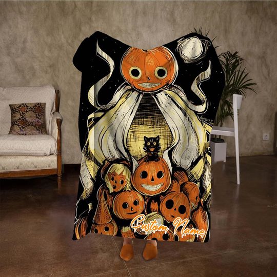 Discover Custom Name Spooky Pumpkin Blanket, Retro Halloween Cat Throw Blanket, Personalized Black Blanket, Halloween Party Decor, Gifts for Kids.