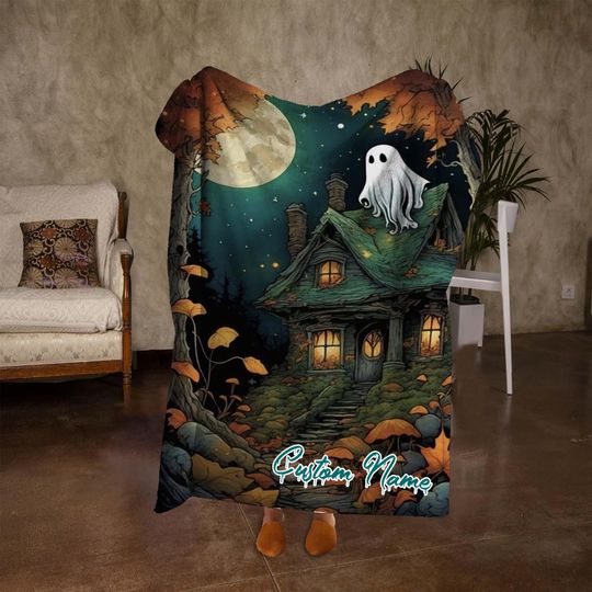 Discover Custom Name Dark Ghost Blanket, Retro Halloween Ghost Throw Blanket, Personalized Black Blanket, Vintage Halloween Decor, Unique Gifts.