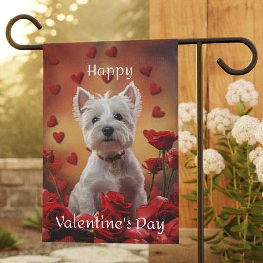 Westie Puppy Valentine's Garden & House Banner, 12x18 in, Valentine's Day Garden Flag, Westie Garden Flag Gift, Westie Lover Gift