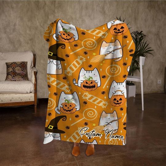 Discover Custom Name Cute Cat Blanket, Retro Halloween Pumpkin Throw Blanket, Personalized Orange Blanket, Vintage Halloween Decor, Unique Gifts.