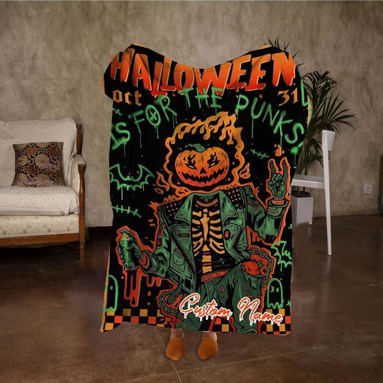 Discover Custom Name Spooky Pumpkin Blanket, Retro Halloween Throw Blanket, Personalized Black Blanket, Vintage Halloween Decor, Unique Gifts.