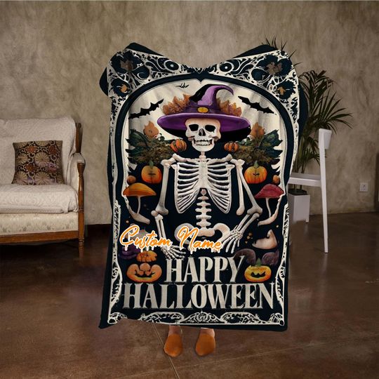 Discover Custom Name Happy Halloween Blanket, Funny Skull Halloween Blanket, Personalized Black Blanket, Fall Home Decor, Halloween Party Gifts.