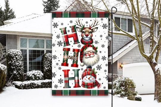 Discover Christmas Garden Flag Sublimation, PNG, Santa Deer Snowman Hohoho 12x18 Garden Flag, Digital Download, Plaid Christmas Garden Flag, Santa