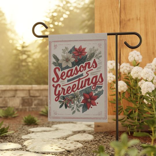 Seasons Greetings Home and Garden Flag, Vintage Christmas Porch Banner, Red Poinsettia House Flag, Floral Christmas Flag, Holidays Flag