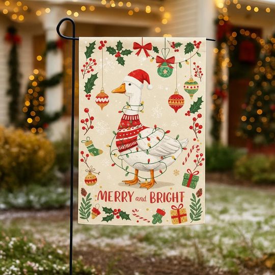 Christmas Goose Garden Flag Merry and Bright Cute Holiday Outdoor Flag with Santa Hat, Lights & Ornaments - Farmhouse Yard Decor for Yard