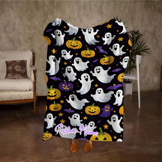 Custom Name Pumpkin Blanket, Funny Ghost Bat Halloween Blanket, Personalized Black Blanket, Fall Home Decor, Halloween Party Gifts.