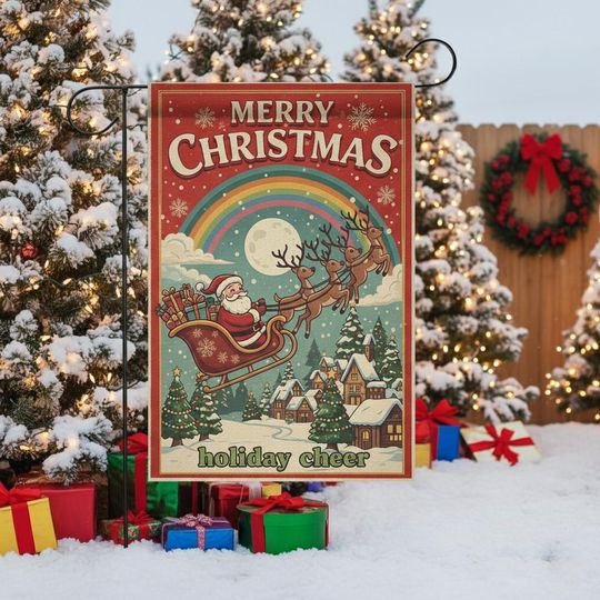 Discover Santa Sleigh Garden Flag: Christmas Reindeer Scene with Rainbow and Village
