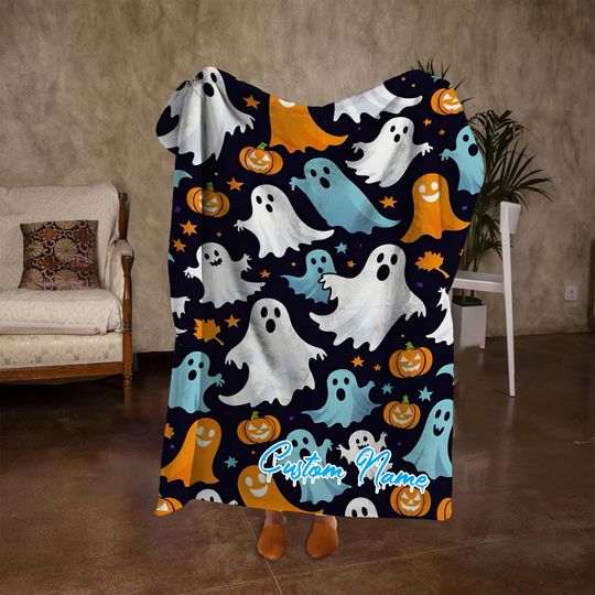 Discover Custom Name Colorful Ghost Blanket, Funny Pumpkin Halloween Blanket, Personalized Black Blanket, Fall Home Decor, Halloween Gifts.